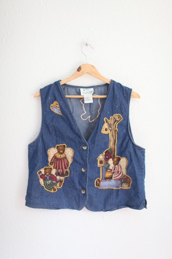 vintage 90s honey bear embroidered blue jean denim  vest L  #0340