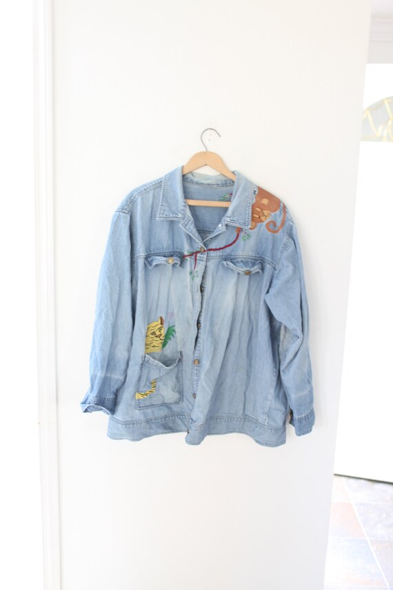vintage embroidered animal safari denim jean chamb