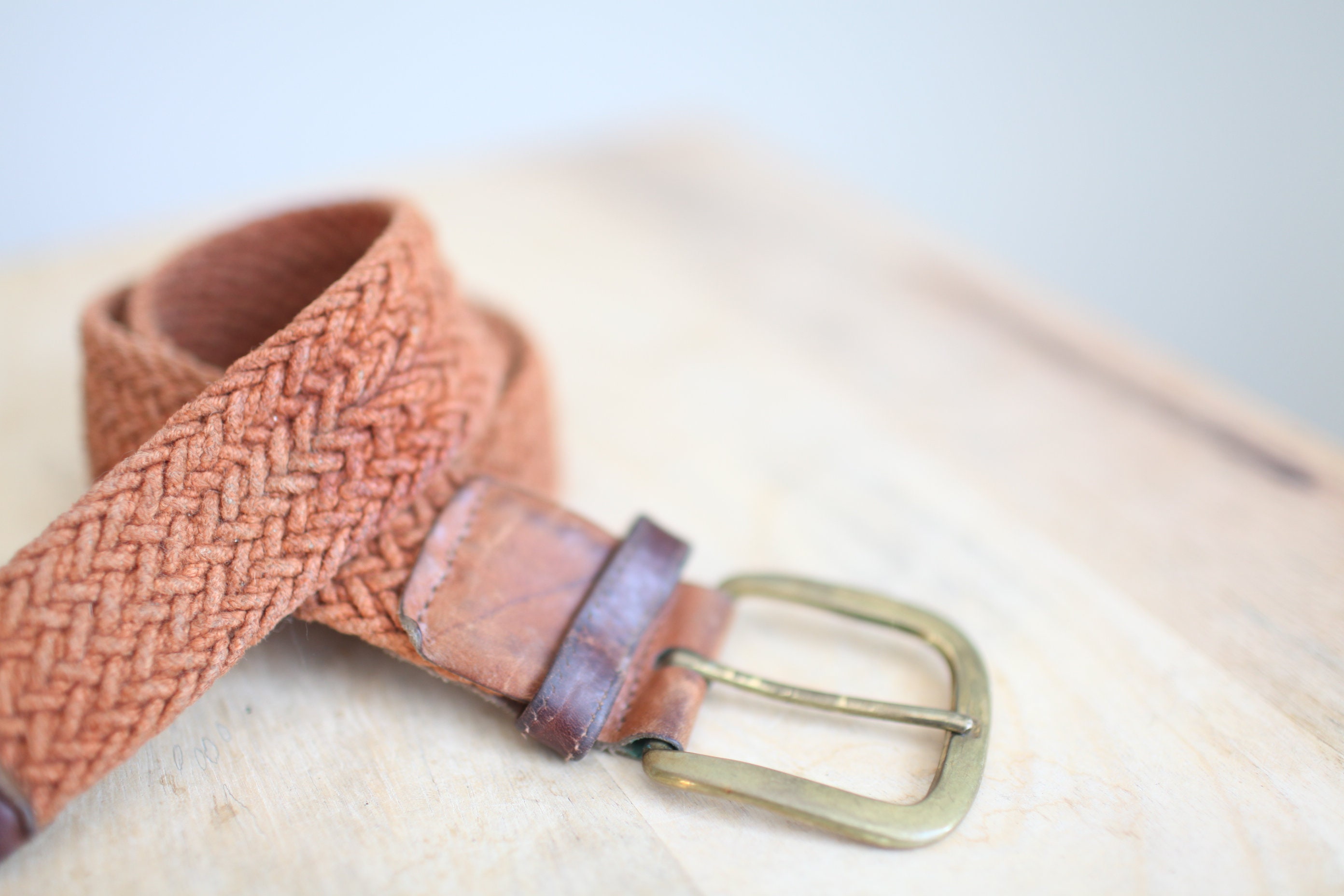 Vintage 90s Tan Woven Braided Leather Belt Brass Buckle - Etsy display picture 1