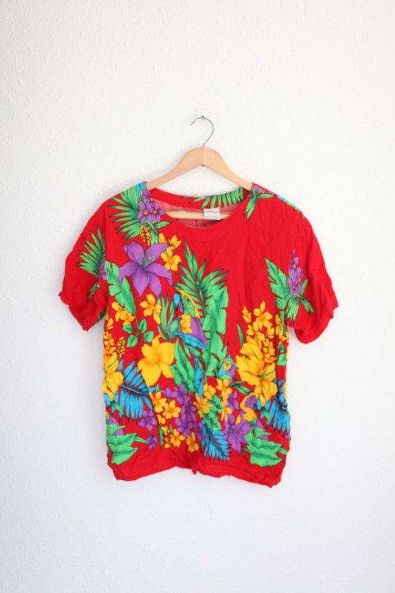 vintage 80s parrot red island floral tunic top #02