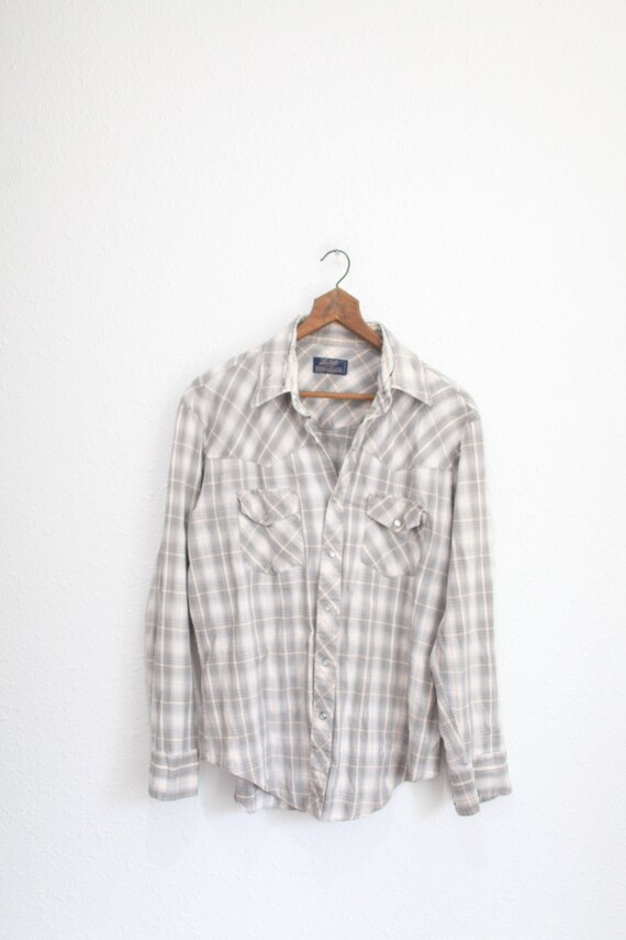 vintage 70s lariat western gray plaid flannel pear