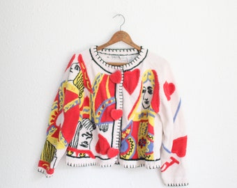 vintage queen of hearts red knit cropped cardigan sweater #0722