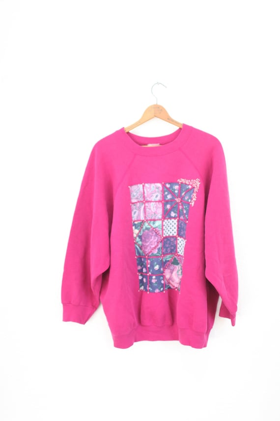 vintage 80s oversized fuschia quilted rose crewnec