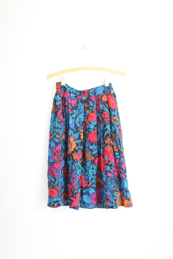 vintage  80s black turquoise red floral skirt  #03