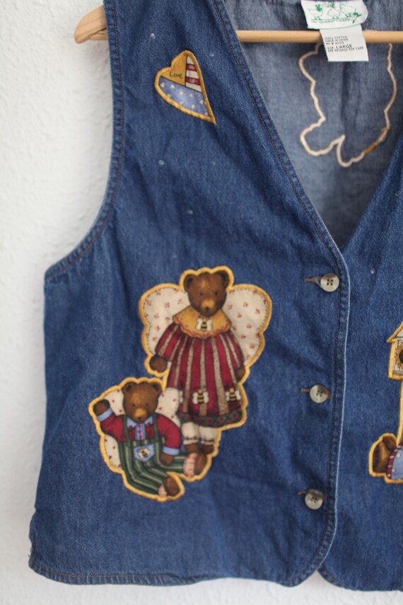 vintage 90s honey bear embroidered blue jean denim  vest L  #0340 View 3
