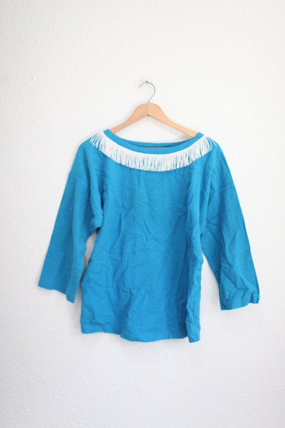 vintage 70s western fringe turquoise blue top #022