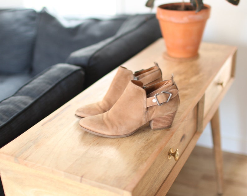 vintage tan suede brown leather ankle buckle boots slip on womens 7 12