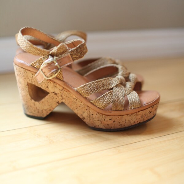 vintage cut out woven tan cork wedge sandals womens 6 1/2