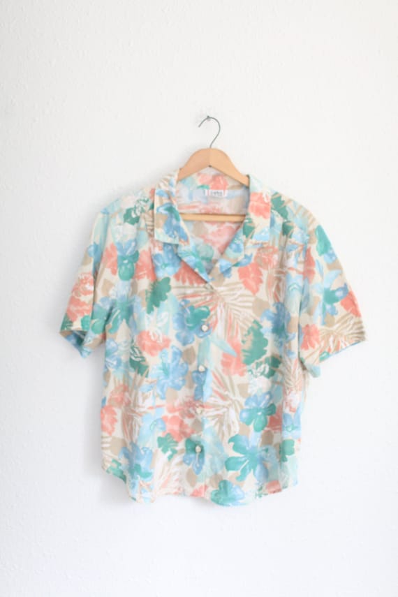 vintage 80s blue  & tan hawaiian leafy boxy  top #