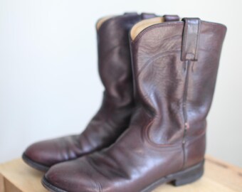 Vintage 80s Justin Burgundy Leather Cowboy Boots Mens 9 - Etsy display picture 1