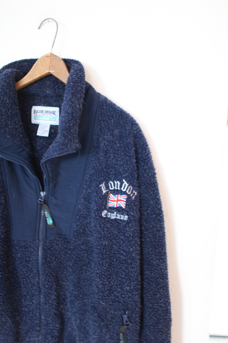 vintage navy blue puffy sherpa like fleece jacket coat LONDON england
