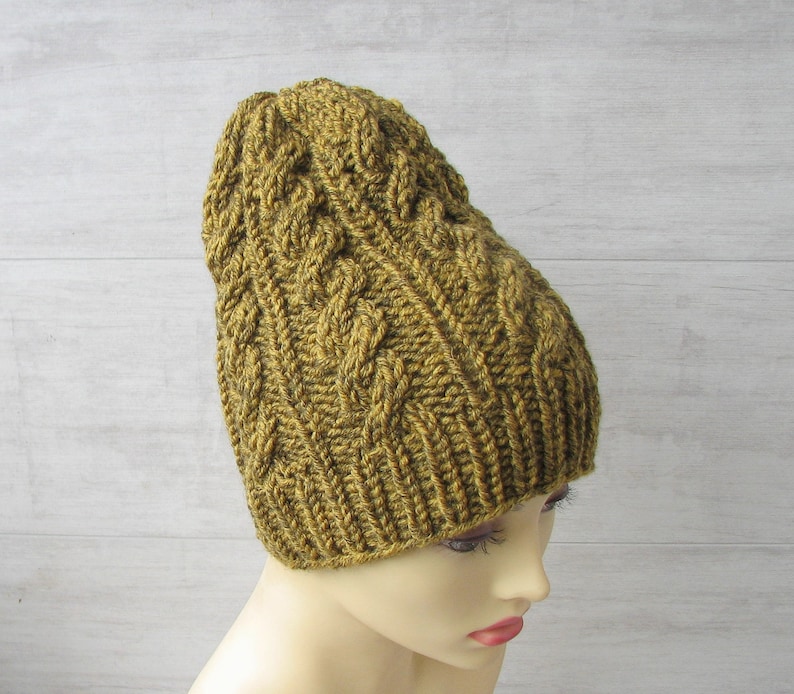 Hand Knit Chunky Beanie Cable Knit Hat Winter accessories Mens Slouchy Beanie Slouch Men Hat Wool Hat Mustard tweed
