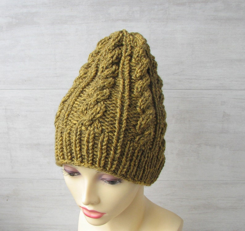 Hand Knit Chunky Beanie Cable Knit Hat Winter accessories Mens Slouchy Beanie Slouch Men Hat Wool Hat Mustard tweed