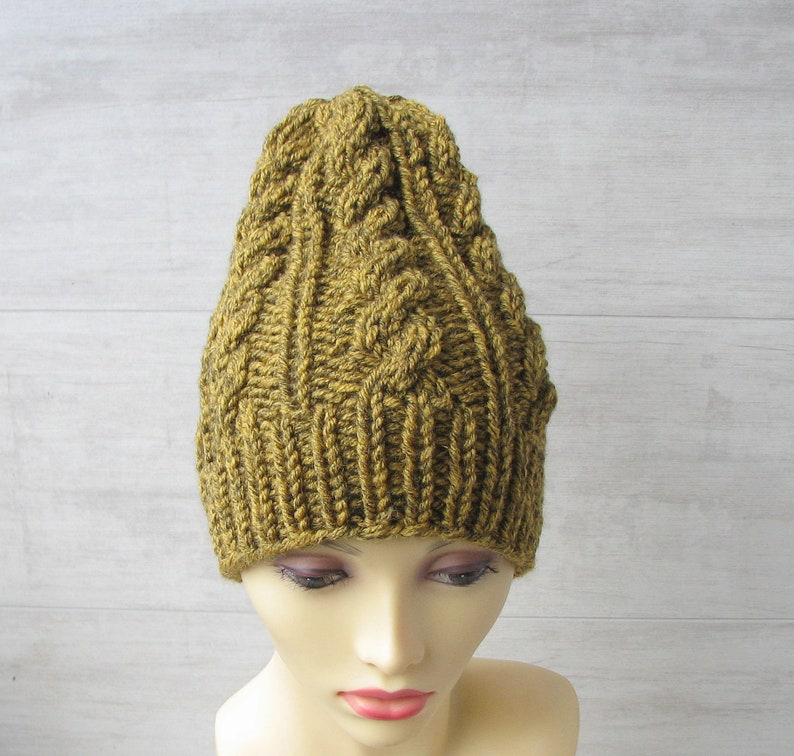 Hand Knit Chunky Beanie Cable Knit Hat Winter accessories Mens Slouchy Beanie Slouch Men Hat Wool Hat Mustard tweed