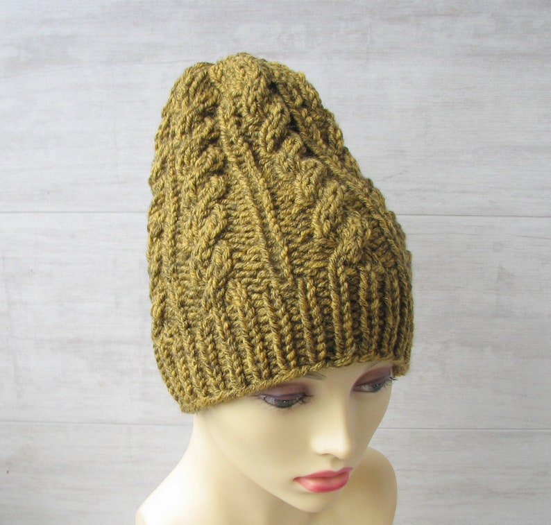 Hand Knit Chunky Beanie Cable Knit Hat Winter accessories Mens Slouchy Beanie Slouch Men Hat Wool Hat Mustard tweed