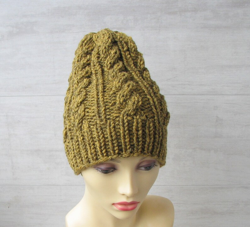 Hand Knit Chunky Beanie Cable Knit Hat Winter accessories Mens Slouchy Beanie Slouch Men Hat Wool Hat Mustard tweed