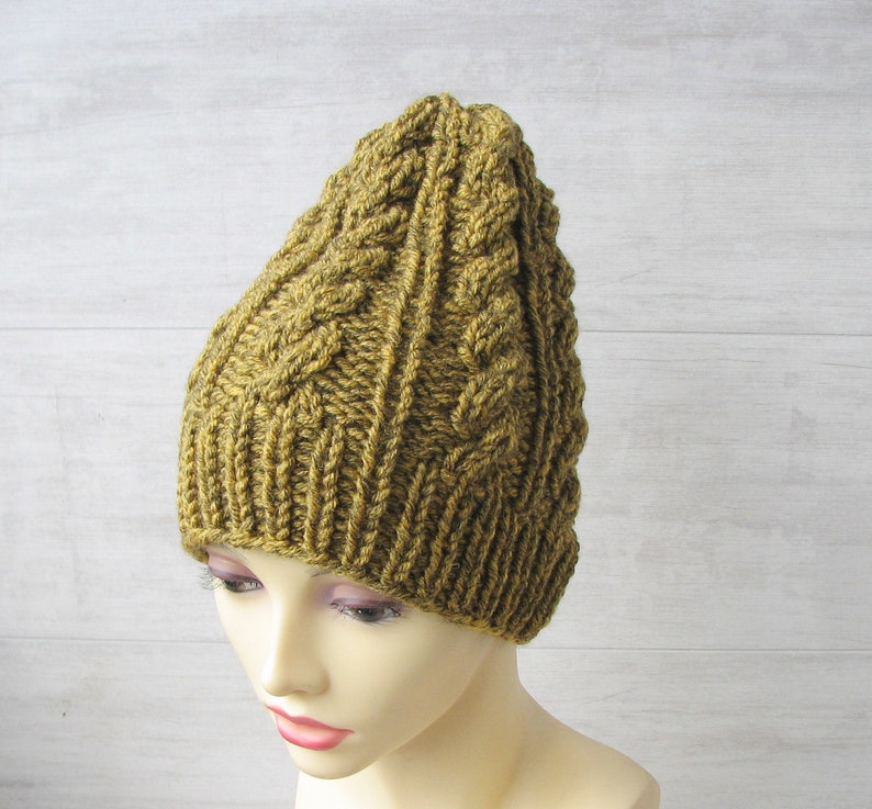 Hand Knit Chunky Beanie Cable Knit Hat Winter accessories Mens Slouchy Beanie Slouch Men Hat Wool Hat Mustard tweed