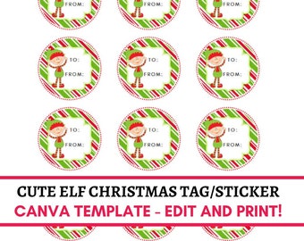 Canva Template Christmas Elf Tag or Sticker Design - Edit and Print Xmas Tags
