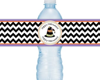 Halloween Party Water Bottle Labels, INSTANT DOWNLOAD, Happy Halloween Water Bottle, chevron, purple, witch hat  you print, DIY water labels