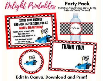 Bearbeitbares Rennwagen-Geburtstagsparty-Paket, Geburtstags-Rennwagen-Bundle, Party-Paket-Vorlagen in Canva, Sofort-Download