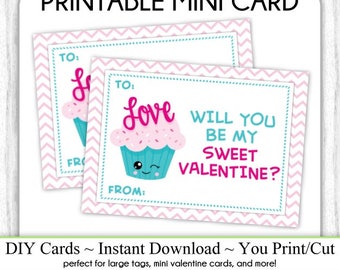 Cute Cupcake Valentine's Day Printable Cards, Valentine Mini Cards, DIY, You Print, Sweet Valentine Printable Cards, Instant Download