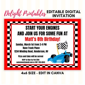Racing Car Birthday Invite, Race Track Birthday Invitation, Red, Black and White Check, Digital Design, Edit in Canva and Print, 4x6 size