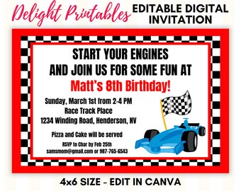 Racing Car Birthday Invite, Race Track Birthday Invitation, Red, Black and White Check, Digital Design, Edit in Canva and Print, 4x6 size