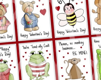 INSTANT DOWNLOAD - Printable Valentines - Eight Mini Cards - 2.5 x 3.5 - in PDF format - frogs, bears, lion, snake, bee, monkey