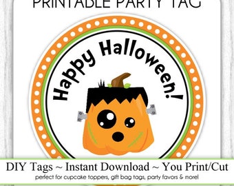 Halloween Printable Tags, Cute Pumpkin Monster Tags, DIY Party Tags, You Print, You Cut, INSTANT DOWNLOAD