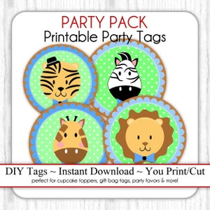 Téléchargement instantané - PARTY PACK - Baby Boy Jungle Animals, Étiquettes de fête imprimables, Jungle Animal Cupcake Toppers, DIY, You Print, You Cut