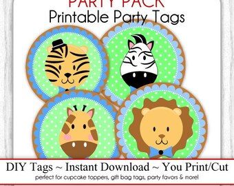 Instant Download - PARTY PACK - Baby Boy Jungle Animals, Printable Party Tags, Jungle Animal Cupcake Toppers, DIY, You Print, You Cut