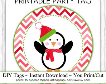 Instant Download -  Red/Pink Chevron Christmas Penguin Printable Party Tags, Cupcake Topper, DIY, You Print, You Cut