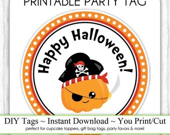 Halloween Printable Tags, Cute Pumpkin Pirate Tags, DIY Party Tags, You Print, You Cut, INSTANT DOWNLOAD