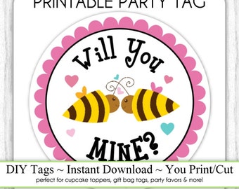 Instant Download -  Valentine's Day Printable Party Tags, Bee Mine Printable, Valentine BEE Mine Cupcake Topper, DIY, You Print, You Cut
