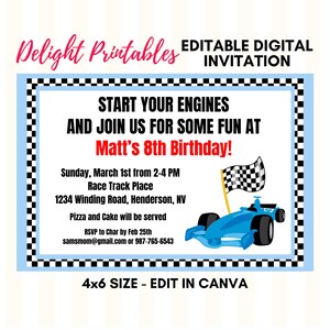 Racing Car Birthday Invite, Blue Race Track Birthday Invitation, Red, Black and White Check, Digital Design, Edit in Canva and Print, 4x6