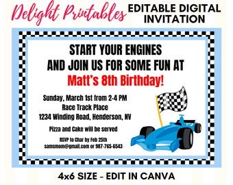 Racing Car Birthday Invite, Blue Race Track Birthday Invitation, Red, Black and White Check, Digital Design, Edit in Canva and Print, 4x6