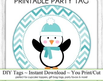 Instant Download - Teal Blue Chevron Penguin Printable Party Tags, Cupcake Topper, DIY, You Print, You Cut