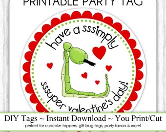 Instant Download -  Valentine's Day Printable Party Tags, Valentine Snake Cupcake Topper, DIY, You Print, You Cut