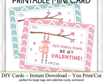 Monkey Valentine's Day Printable Cards, Valentine Mini Cards, DIY, You Print, Monkey Valentine Printable Cards, Instant Download,