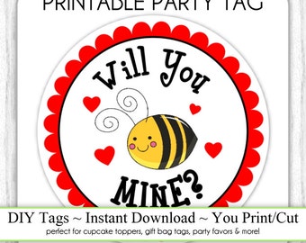 Instant Download -  Valentine's Day Printable Party Tags, Bee Mine Printable, Valentine BEE Mine Cupcake Topper, DIY, You Print, You Cut