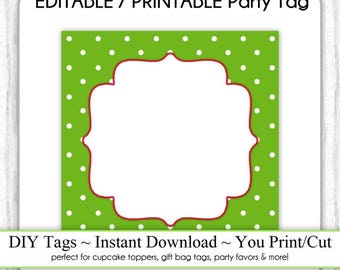 Square Printable Christmas Party Favor, Green Polka Dots Editable Party Tag, DIY Party Tag, Topper, INSTANT DOWNLOAD