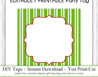 Square Printable Christmas Party Favor, Green and White Stripes Editable Party Tag, DIY Party Tag, Topper, INSTANT DOWNLOAD