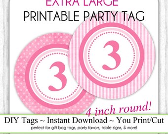 4 INCH - Pink Polka Dot Printable Party Tag & Pink Stripes 3rd Birthday Party Tag, Instant Download - 4 INCH - DIY Party Sign, Extra Large