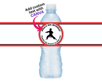 Karate Birthday Printable Water Bottle Labels, Tae Kwan Do Birthday Party, Karate Canva Template, DIY Water Bottle Labels