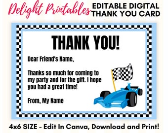 Editable Blue Race Car Birthday 4x6 Thank You Card, Printable DIY, You print, Instant Download PDF With Editable CANVA template