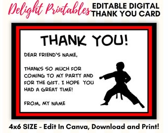 Karate Boy 4x6 Thank You Card, Printable DIY, You print, You cut, Instant Download PDF and editable CANVA template