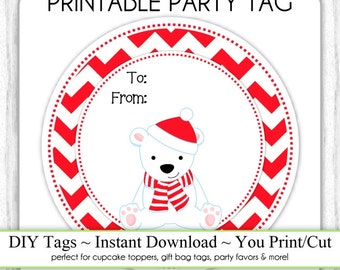 Christmas Printable Tags, Polar Bear To/From Xmas Tags, DIY Party Tags, You Print, You Cut, INSTANT DOWNLOAD
