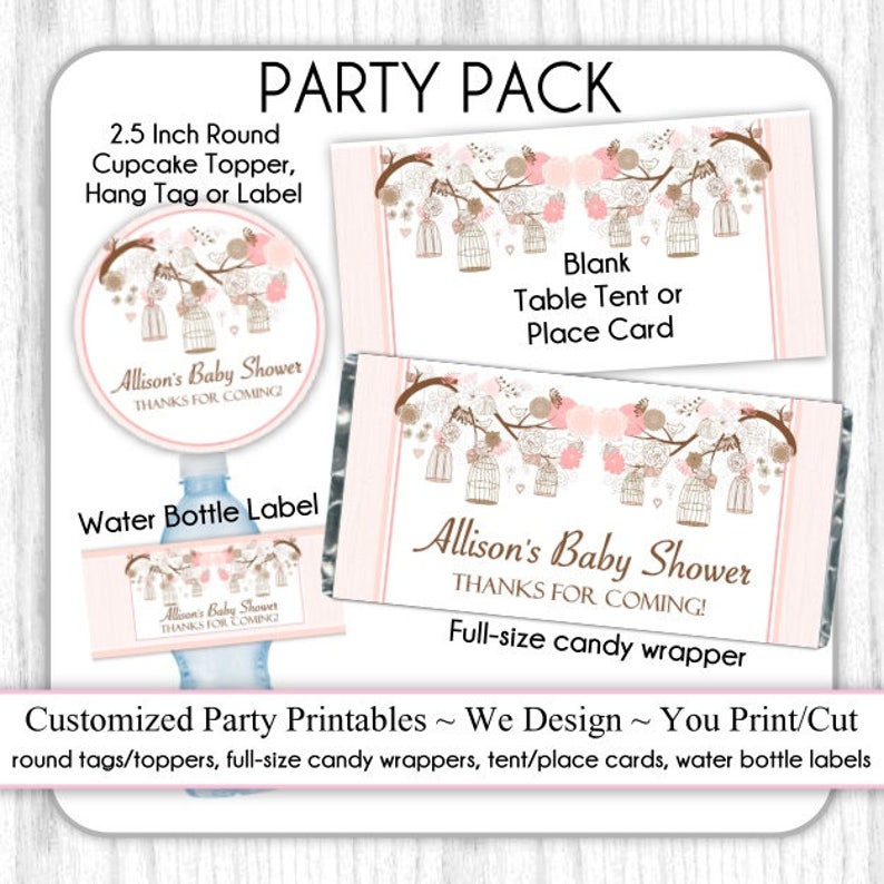 Tent Cards CUSTOM Printable PARTY PACK: Printable Tags Water Bottle Labels Candy Wrappers Birdcage Baby Shower or Choose Your Theme