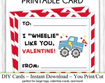 Truck Valentine's Day Printable Cards, Valentine Cards, 4x5 Inch, DIY, You Print, Monster Truck Valentine Printable Cards, INSTANT DOWNLOAD