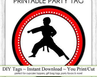 Boy Karate Birthday Tag Printable, DIY Cupcake Topper, Instant Download